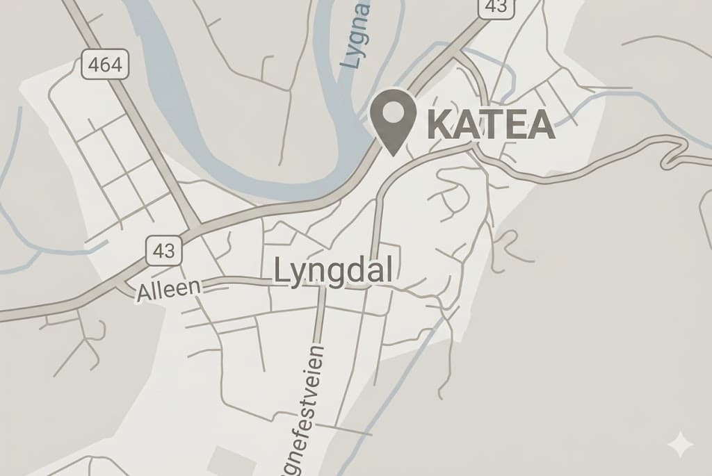Kart over Lyngdal med Katea Studio markert